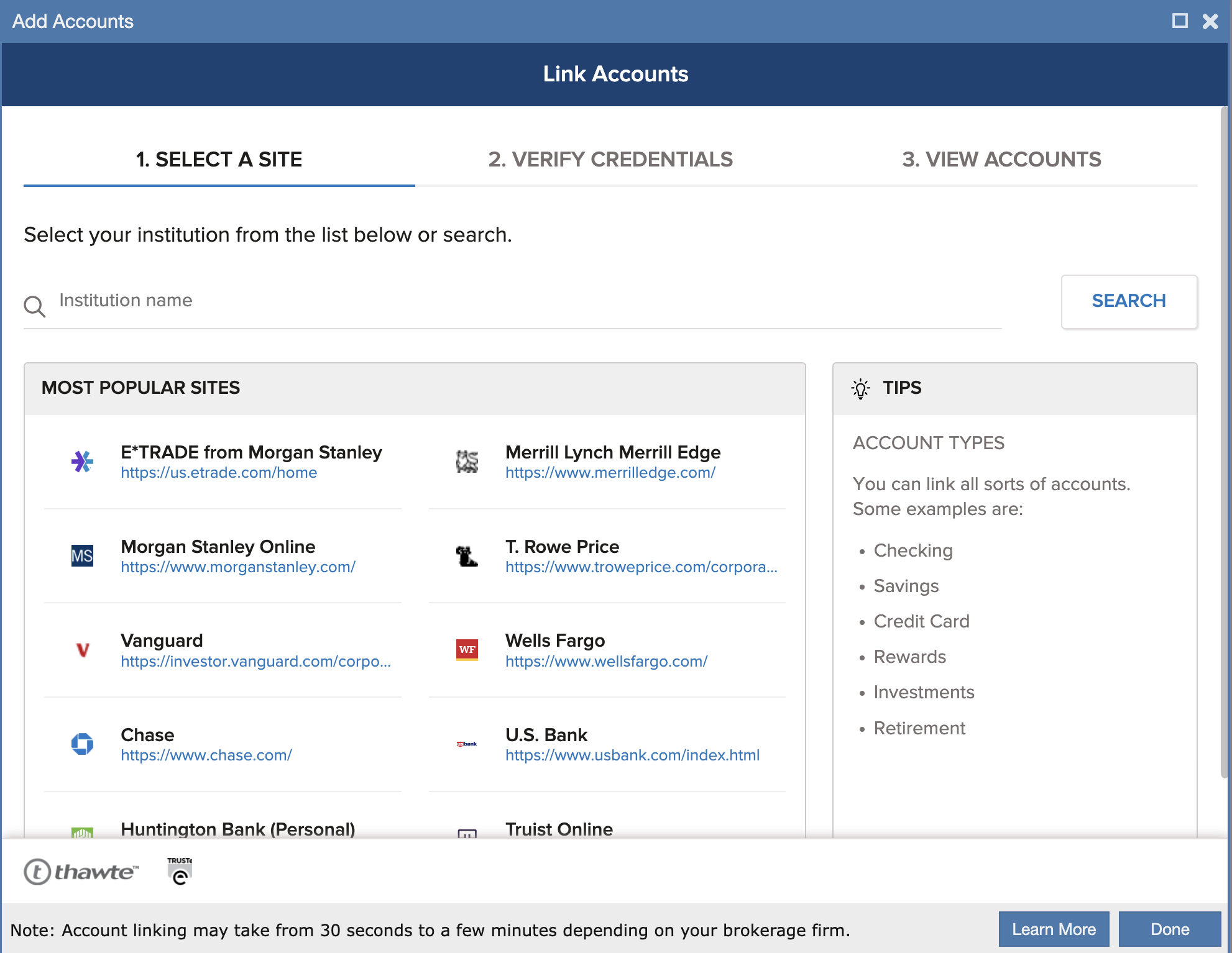 Yodlee Brokerage Search
