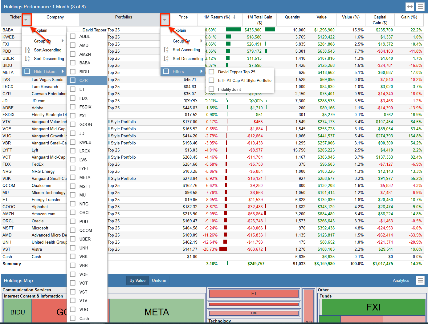 dashboard filter holdings