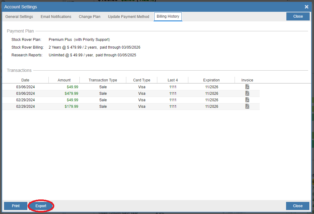 export billing history